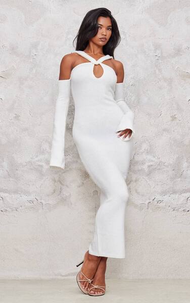  Prettylittlething Cream Soft Knit Strappy Cut Out Maxi Dress 