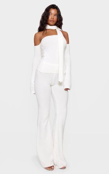  Prettylittlething Cream Soft Knit Wide Leg Trousers 