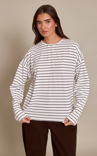  Prettylittlething Cream Striped Button Down Detail Oversized Long Sleeve Top 