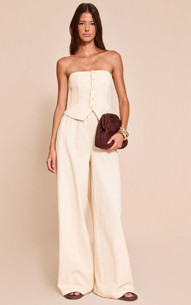  Prettylittlething Cream Textured Bandeau Button Jumpsuit 