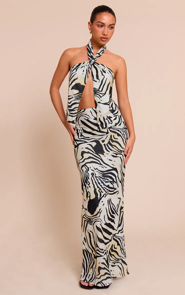  Prettylittlething Cream Zebra Print Chiffon Maxi Skirt 