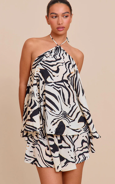  Prettylittlething Cream Zebra Print Satin Floaty Shorts 