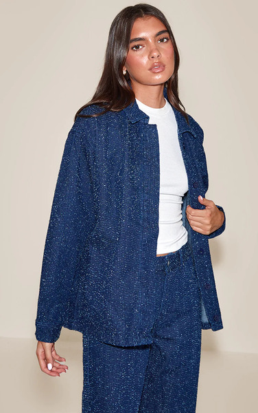  Prettylittlething Dark Blue Boucle Denim Concealed Placket Oversized Shirt 