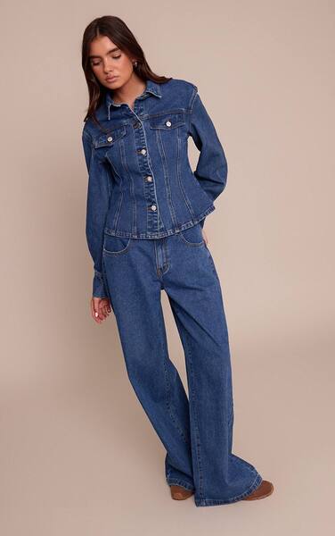  Prettylittlething Dark Blue Mid Rise Wide Leg Jeans 