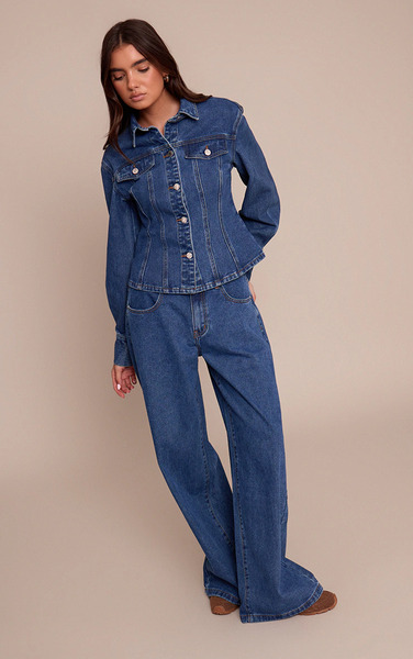  Prettylittlething Dark Blue Mid Rise Wide Leg Jeans 