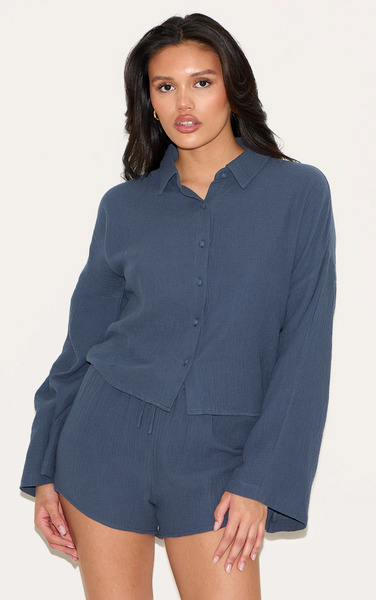  Prettylittlething Dark Blue Oversized Button Up Shirt 