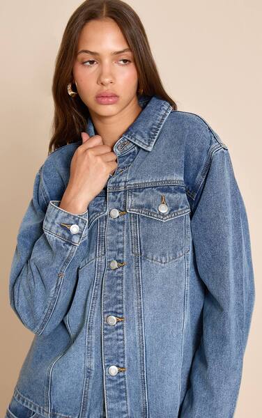  Prettylittlething Dark Blue Oversized Denim Shirt 