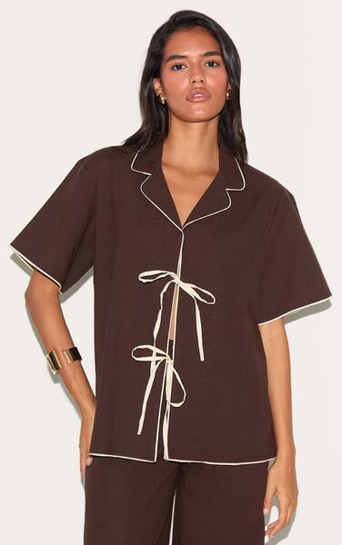 Prettylittlething Dark Brown Linen Look Contrast Oversized Tie Shirt Co-ord 