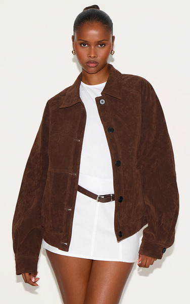  Prettylittlething Dark Brown Oversized Faux Suede Jacket 