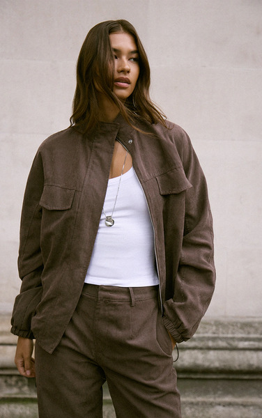  Prettylittlething Dark Brown Zip Up High Neck Jacket 