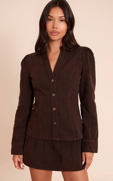  Prettylittlething Dark Chocolate Cinched Waist Denim Shirt 
