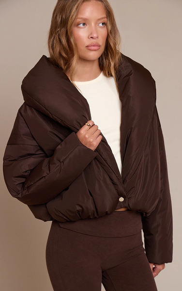  Prettylittlething Dark Chocolate Exaggerated Collar Shell Puffer Jacket 