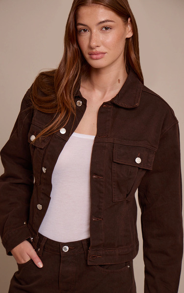  Prettylittlething Dark Chocolate Pleated Cinch Back Denim Jacket 