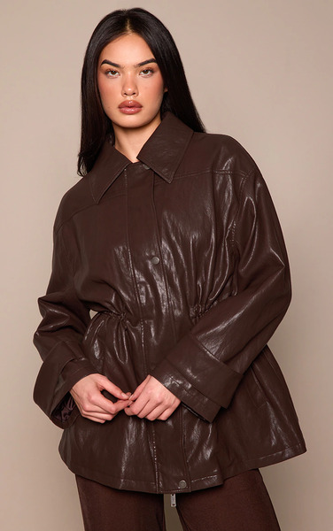  Prettylittlething Dark Chocolate Textured High Shine Pu Cinch Jacket 