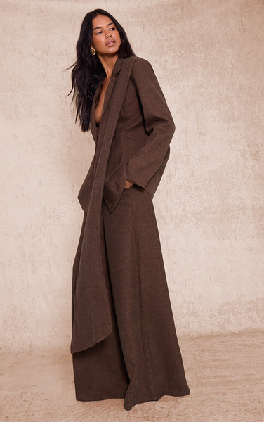  Prettylittlething Dark Chocolate Woven Drape Scarf Detail Oversized Blazer 