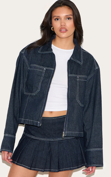  Prettylittlething Dark Indigo Contrast Stitch Oversized Denim Jacket 
