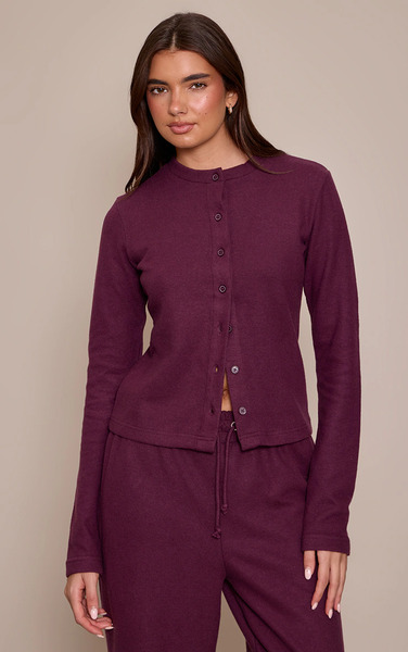  Prettylittlething Dark Plum Soft Touch Button Down Top 