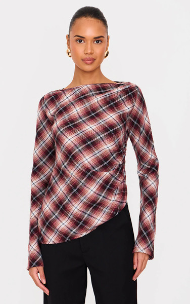  Prettylittlething Dark Red Check Asymmetric Long Top 