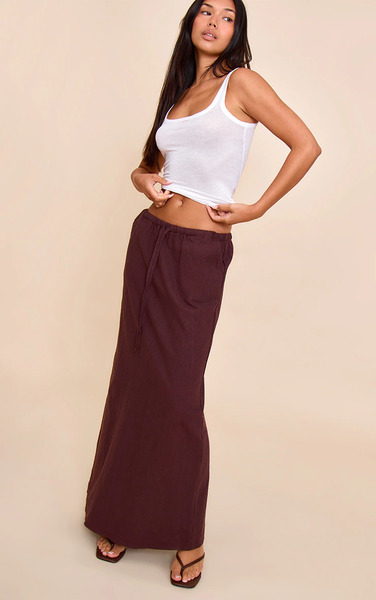  Prettylittlething Deep Chocolate Premium Linen Drawstring Maxi Skirt 