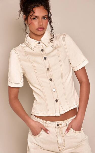  Prettylittlething Ecru Denim Button Up Short Sleeve Shirt 