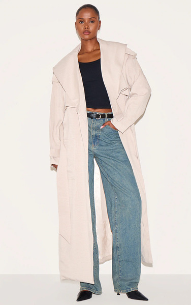  Prettylittlething Ecru Textured Tie Detail Oversized Trench Coat 