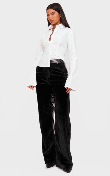  Prettylittlething Faux Fur Wet Look Contrast Fabric Straight Leg Trousers, Black 