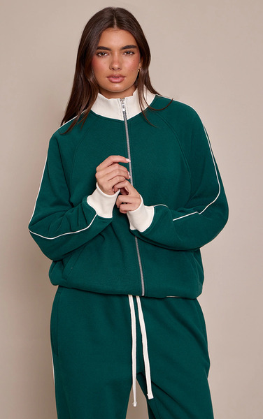  Prettylittlething Forest Green Contrast Zip Up Funnel Neck Sweatshirt 