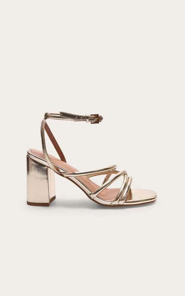 Prettylittlething Gold Metallic Pu Round Toe Strap Block Heeled Sandals 