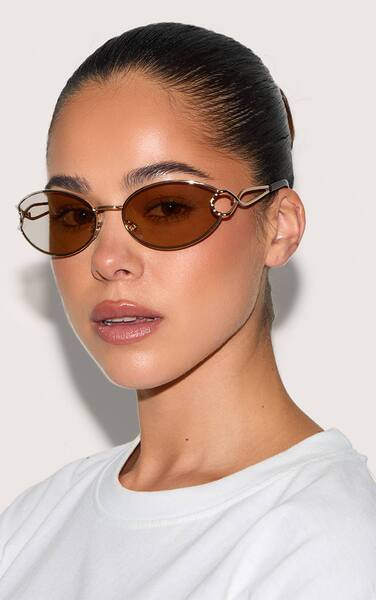  Prettylittlething Gold Oval Arm Detail Sunglasses 