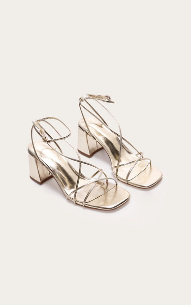  Prettylittlething Gold Pu Round Toe Strappy Mid Block Heel Sandals 