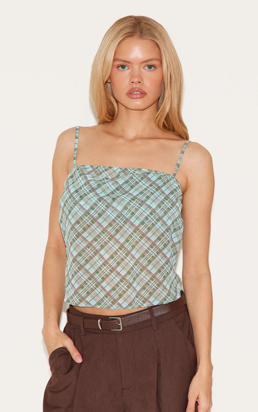  Prettylittlething Green Check Sheer Cami Top 