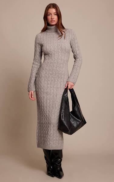  Prettylittlething Grey Chunky Cable Knit Roll Neck Maxi Jumper Dress 