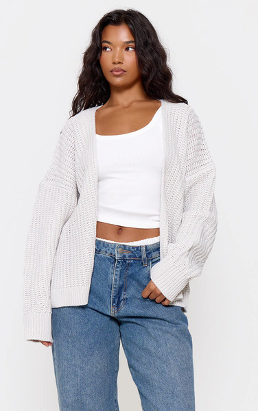  Prettylittlething Grey Chunky Knit Slouchy Cardigan Sweater 