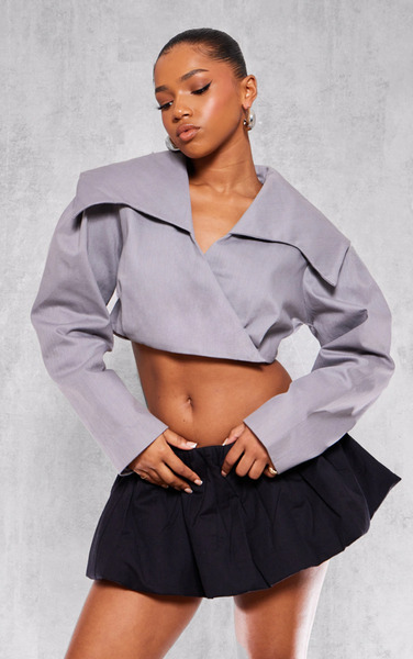  Prettylittlething Grey Cross Over Asymmetric Cropped Jacket 