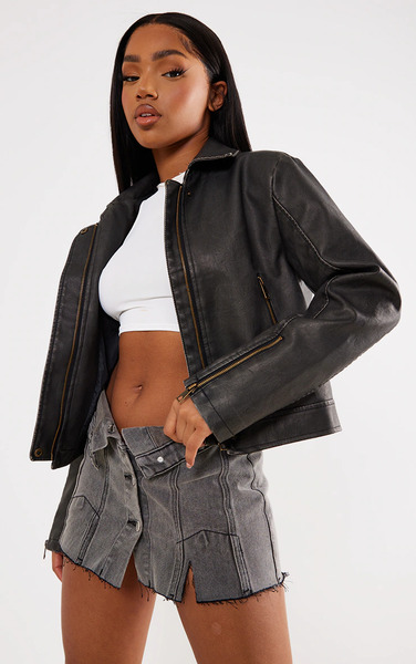  Prettylittlething Grey Distressed Look Faux Leather Boxy Fit Biker Jacket 