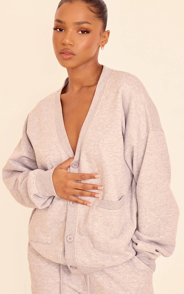  Prettylittlething Grey Marl Button Front Pocket Sweat Cardigan Sweater 