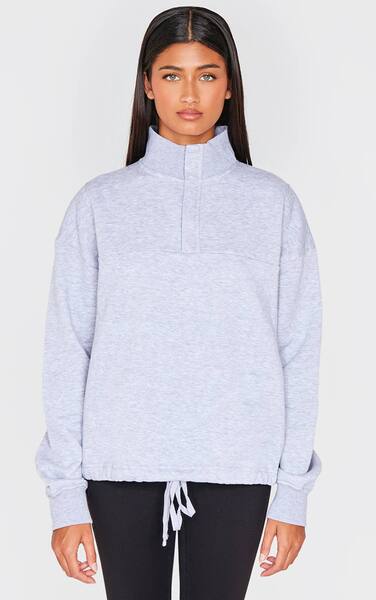  Prettylittlething Grey Marl Drawstring Hem Quarter Zip Sweatshirt 
