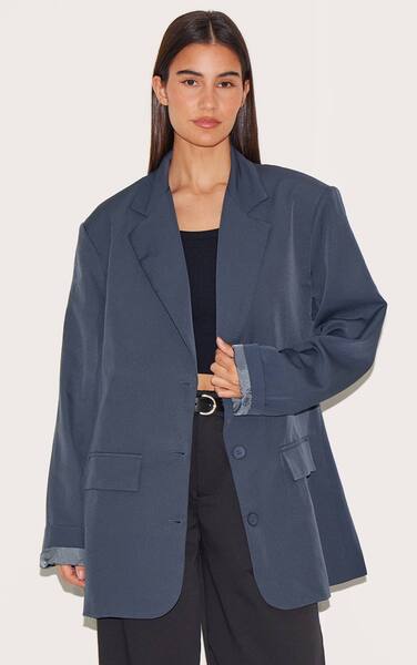  Prettylittlething Grey Oversized Longline Curved Hem Blazer 