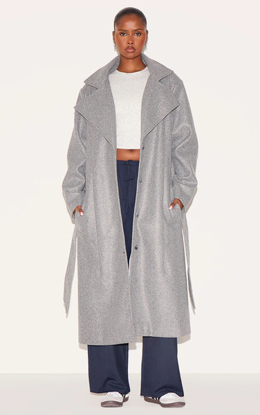  Prettylittlething Grey Oversized Wool Look Trench Coat 