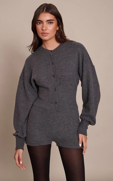  Prettylittlething Grey Ribbed Button Up Unitard 