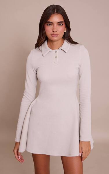  Prettylittlething Grey Ribbed Long Sleeve Shift Dress 