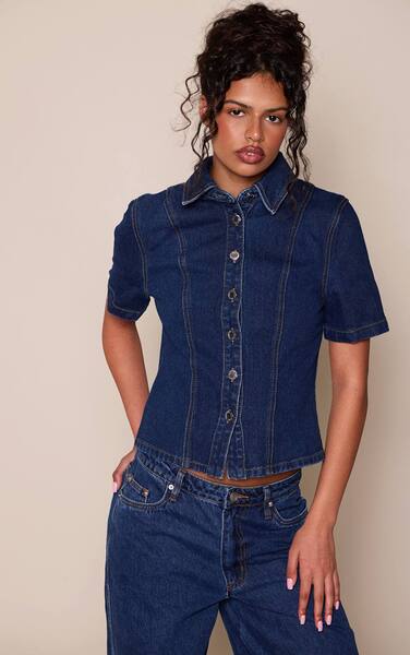  Prettylittlething Indigo Denim Button Up Short Sleeve Shirt 