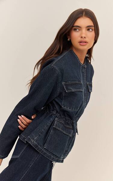  Prettylittlething Indigo Round Neck Pocket Front Cinch Denim Jacket 