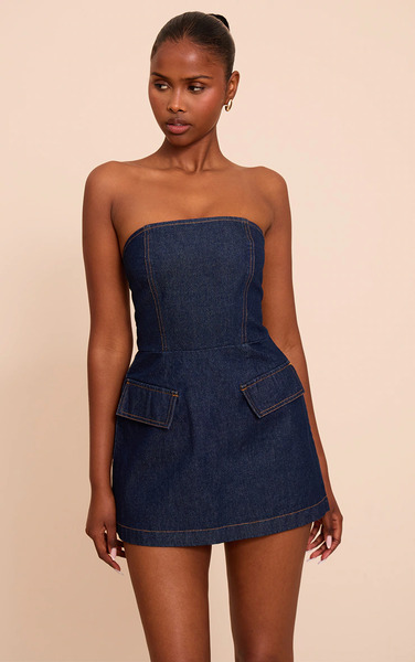  Prettylittlething Indigo Strapless Structured A Line Denim Mini Dress 
