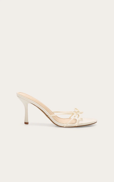  Prettylittlething Ivory Satin Round Toe Bow Detail Mid Heeled Mules 