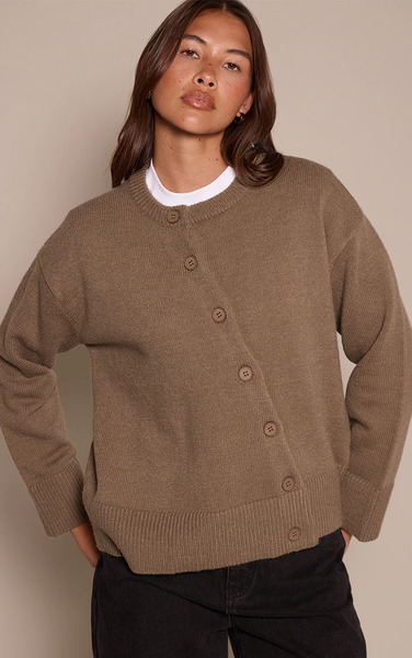  Prettylittlething Khaki Asymmetric Button Down Cardigan Sweater 