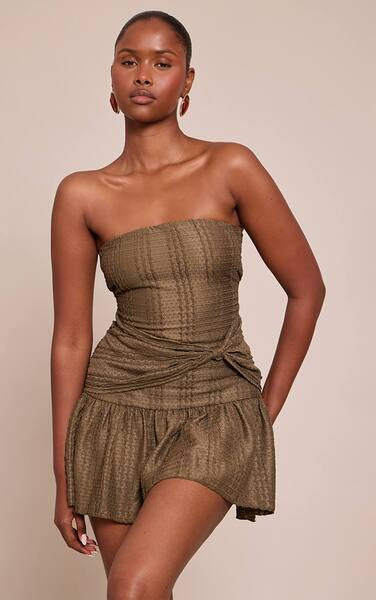  Prettylittlething Khaki Bandeau Twist Mini Shift Dress 