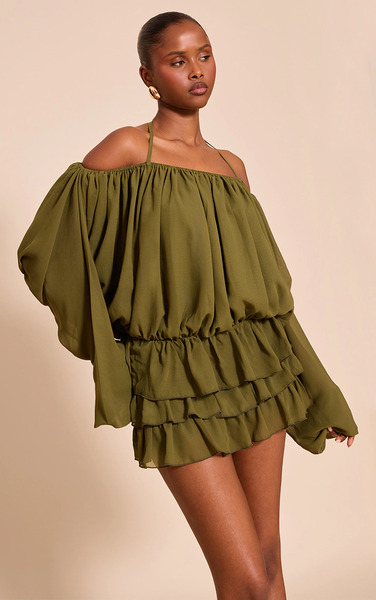  Prettylittlething Khaki Chiffon Frill Detail Playsuit 