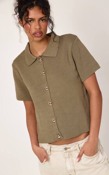  Prettylittlething Khaki Compact Knit Dome Stud Polo Top 