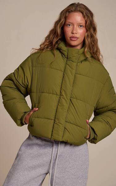  Prettylittlething Khaki Cropped Drawstring Puffer Jacket 